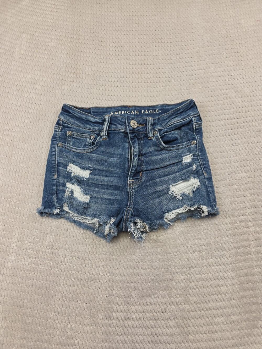 American Eagle Shorts Womens 2 Blue Jean High Rise Shortie Distressed Stretch